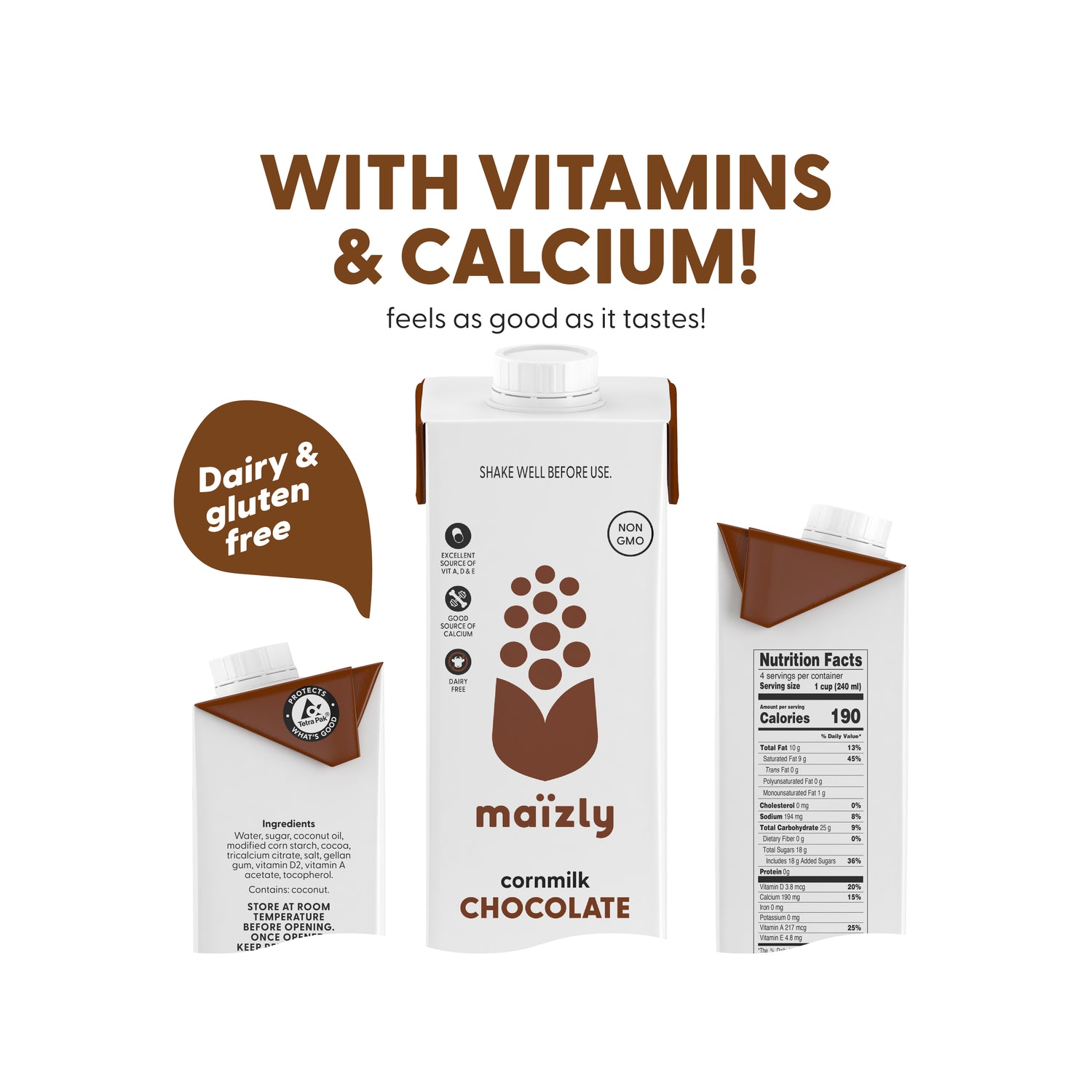 Maïzly Chocolate corn milk packaging displayed from three angles, emphasizing features like 'With vitamins & calcium,' 'Dairy & gluten free,' and showing detailed nutrition facts and ingredients.