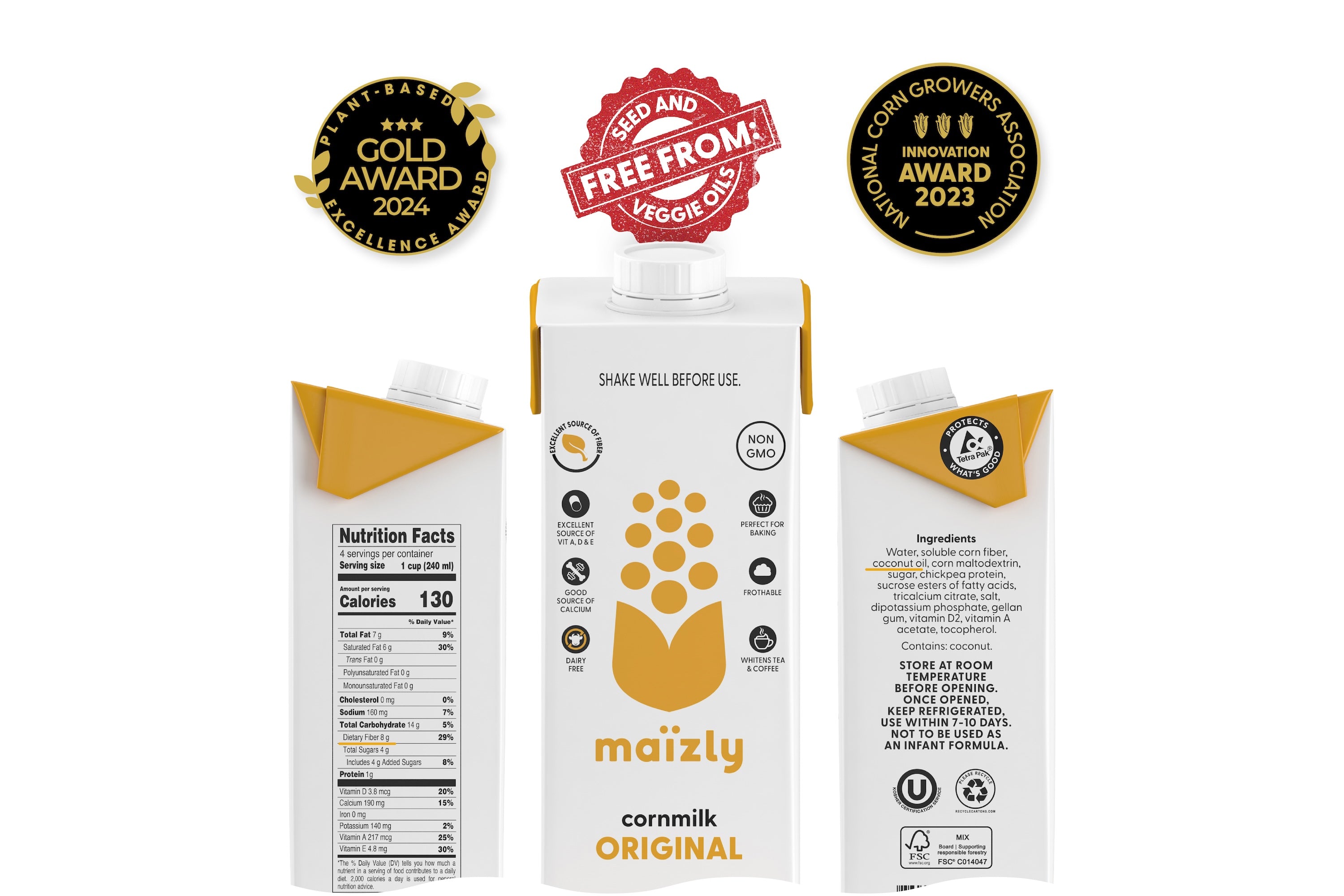 Three views of Maïzly Original corn milk cartons displaying nutrition facts, ingredients, and certifications, including 'Plant-Based Excellence Award 2024,' 'Free From Seed and Veggie Oils,' and 'Innovation Award 2023' from the National Corn Growers Association.